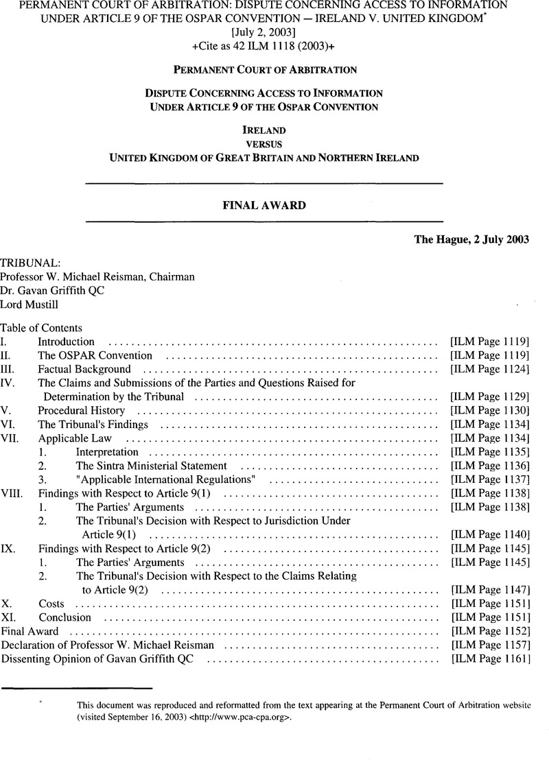 Permanent Court Of Arbitration Dispute Concerning Access To Information Under Article 9 Of The 0233