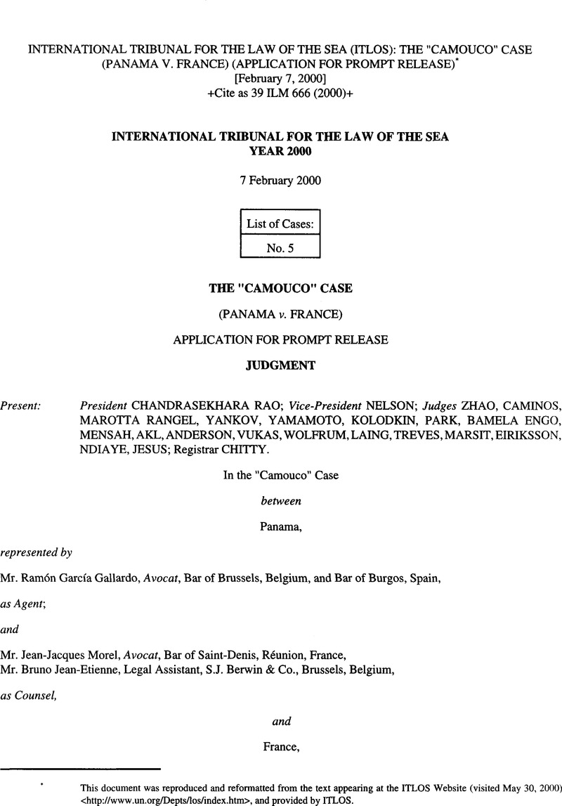 International Tribunal For The Law Of The Sea Itlos The “camouco” Case Panama V France 6399