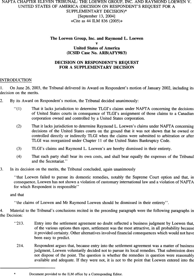 NAFTA Chapter Eleven Tribunal the Loewen Group, Inc. and Raymond