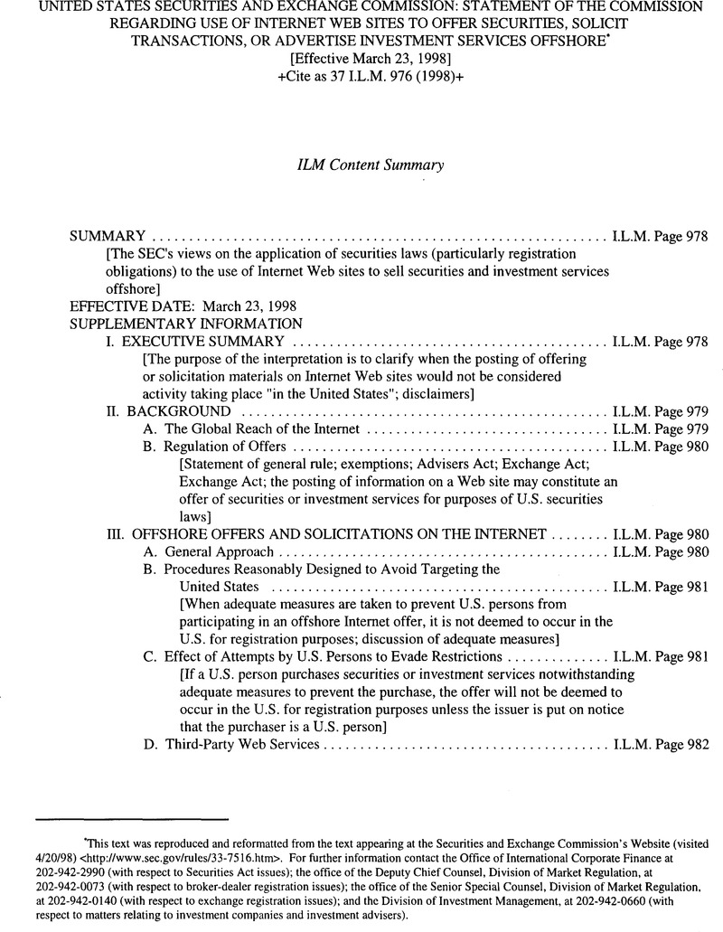 United States Securities And Exchange Commission: Statement Of The 