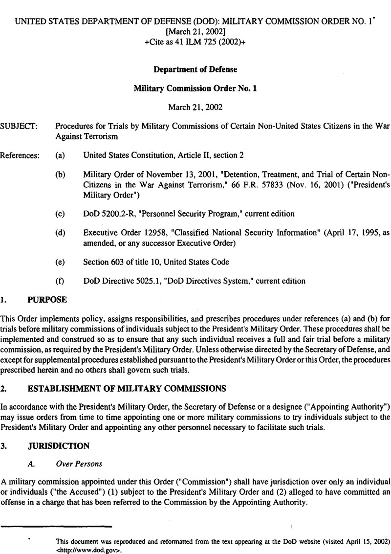 United States Department of Defense (DOD): Military Commission Order No ...