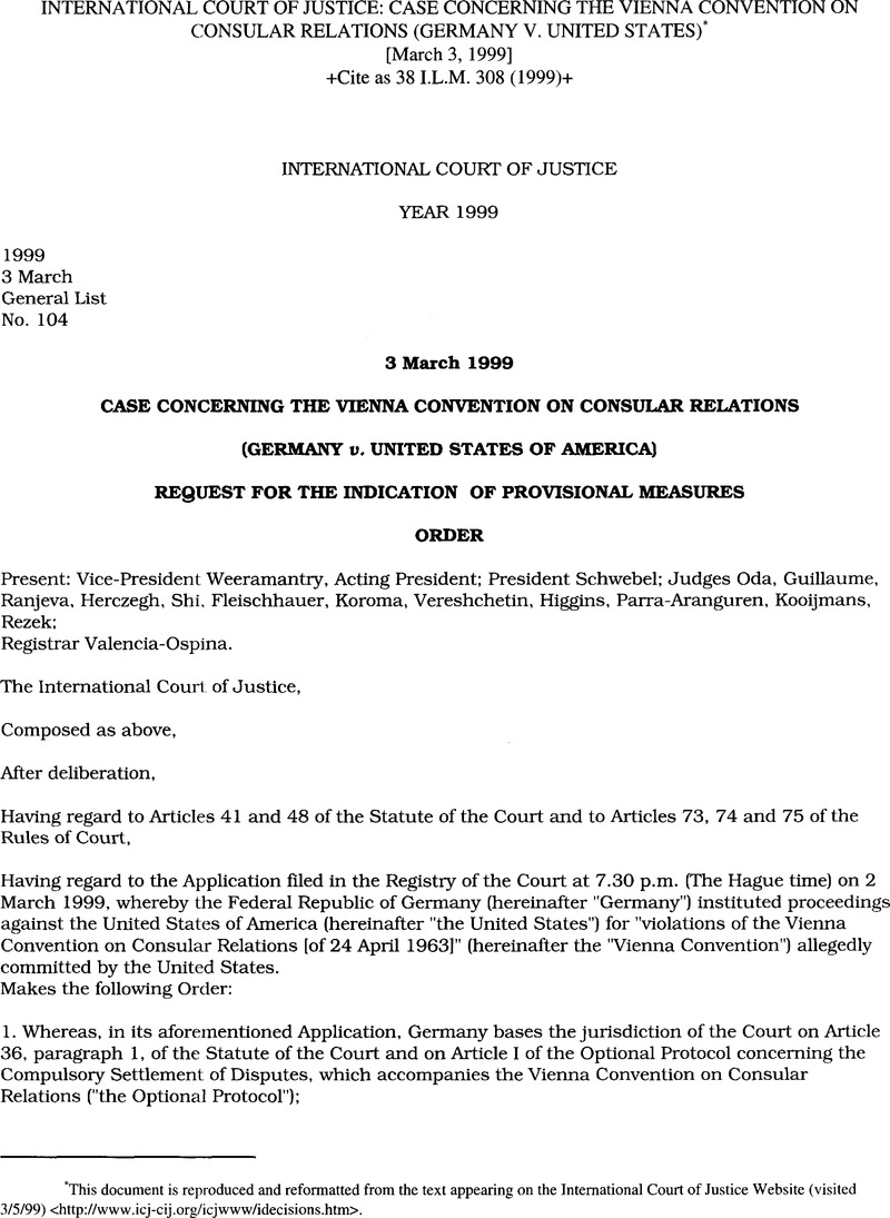 International Court of Justice Case Concerning the Vienna Convention