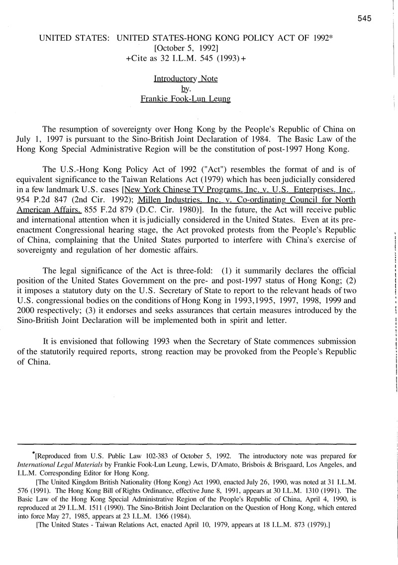 United States: United States-Hong Kong Policy Act of 1992 ...