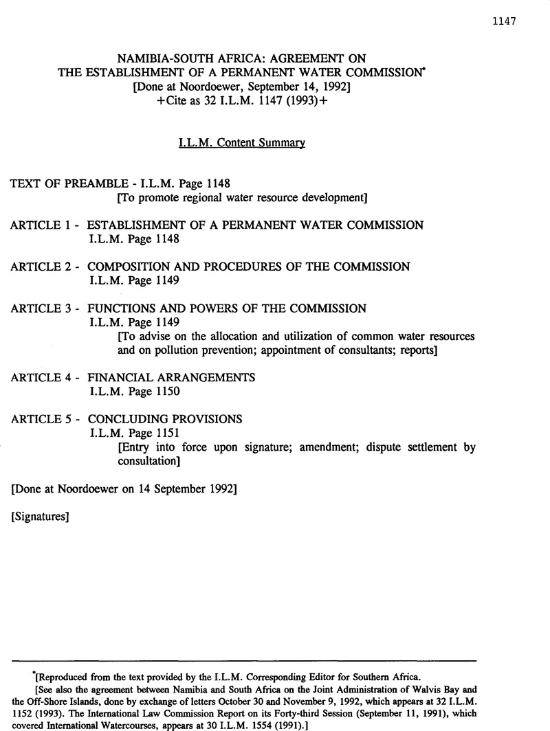 Namibia-South Africa: Agreement on the Establishment of a Permanent ...