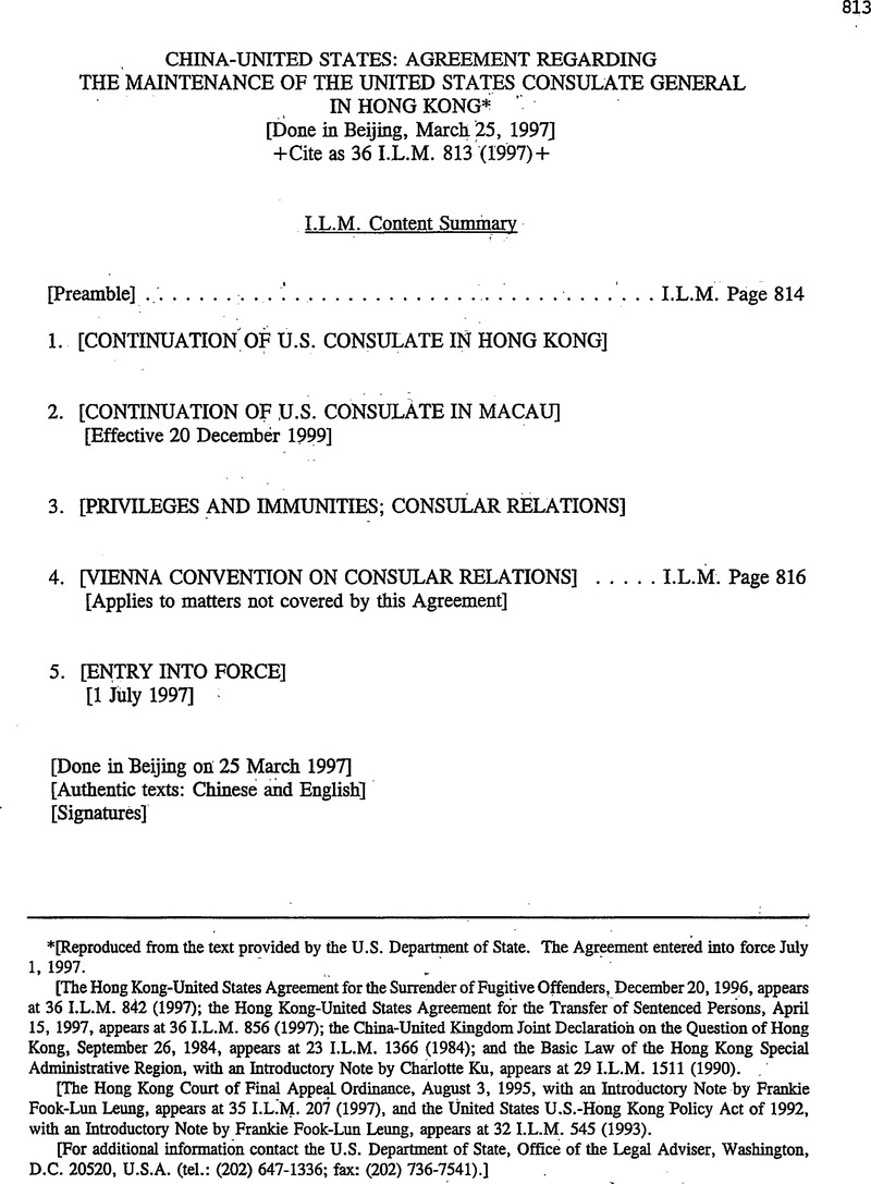 China United States Agreement Regarding The Maintenance Of The United States Consulate General