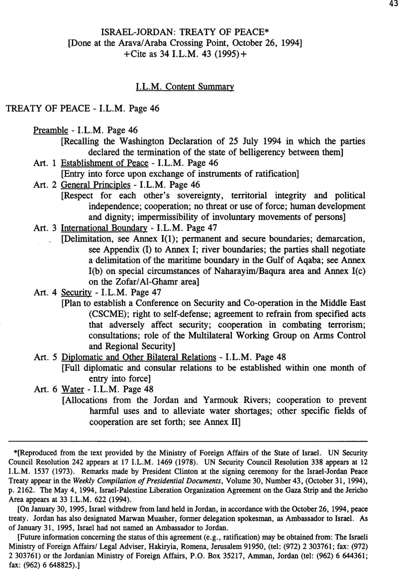 IsraelJordan Treaty of Peace International Legal Materials