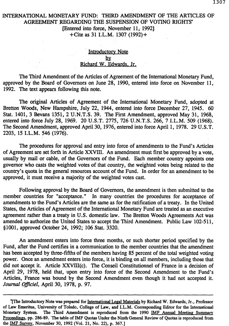 International Monetary Fund: Third Amendment of the Articles of