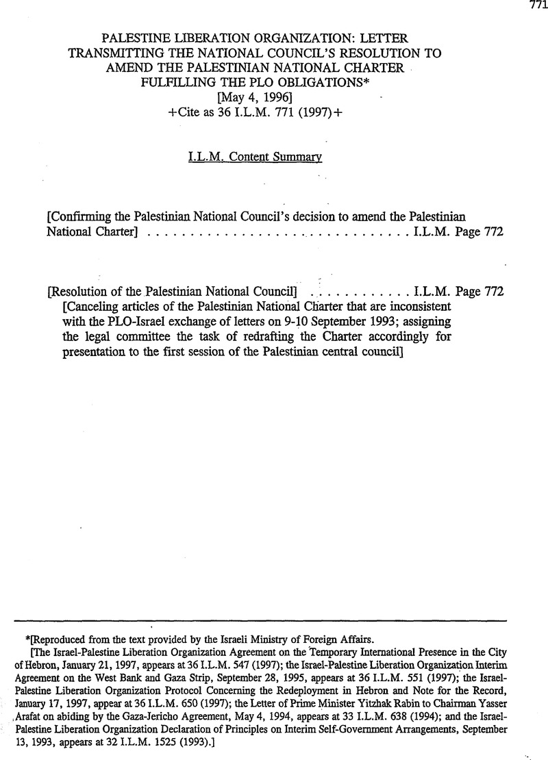 Palestine Liberation Organization Letter Transmitting the National