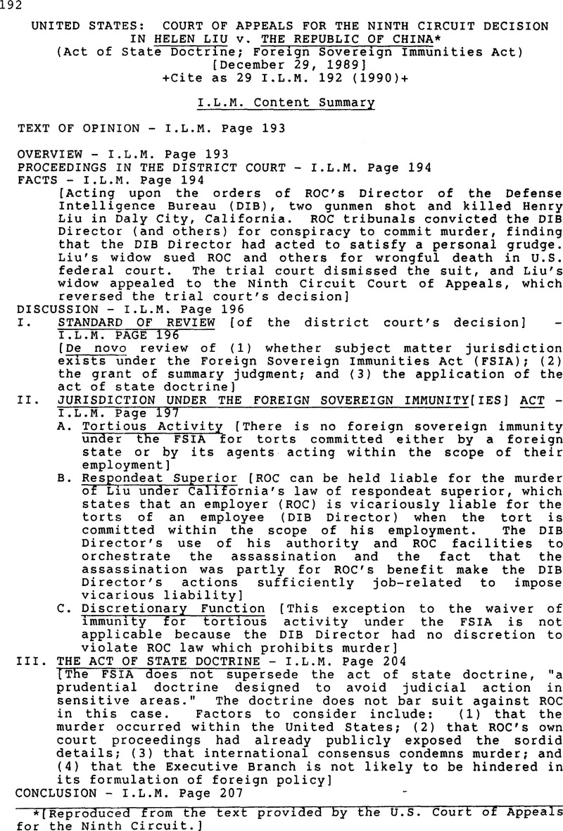 United States Court of Appeals for the Ninth Circuit Decision in Helen Liu V. the Republic of China International Legal Materials Cambridge Core