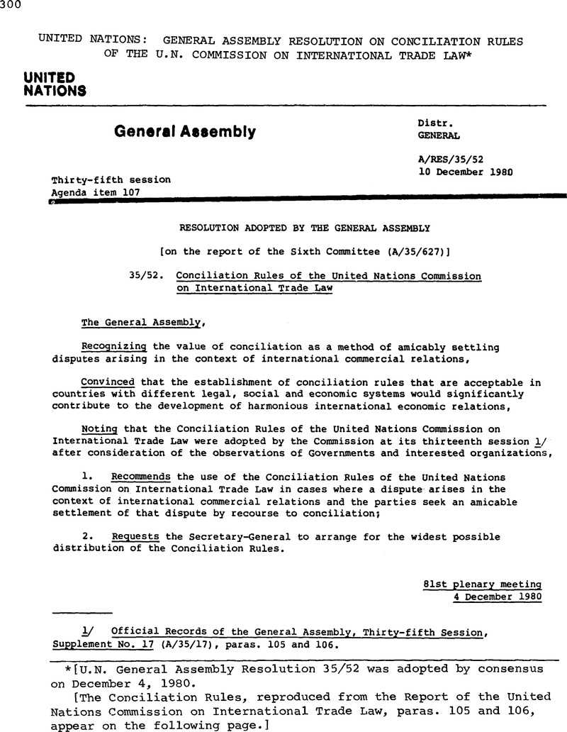 United Nations: General Assembly Resolution on Conciliation Rules of ...