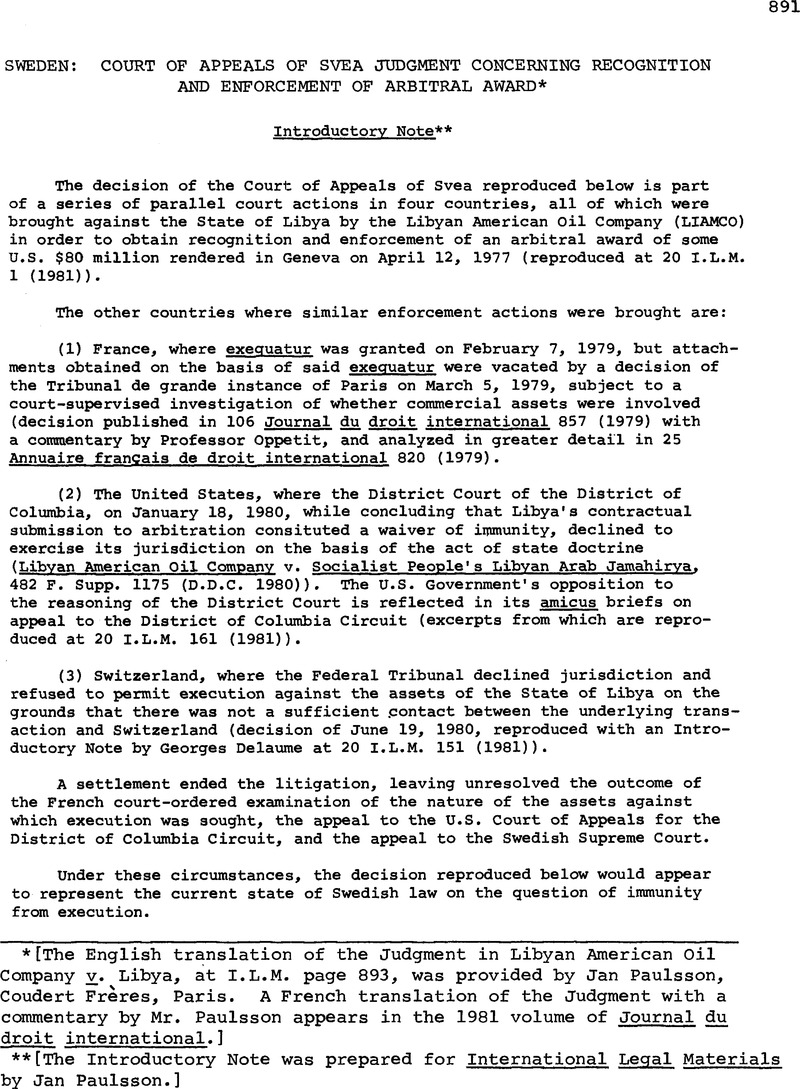 Sweden Court Ruling Documents Sweden: Court of Appeals of Svea Judgment Concerning Recognition and ...