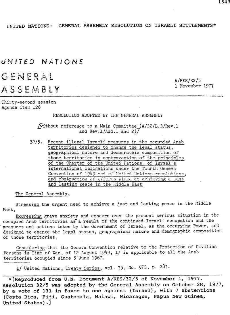 United Nations General Assembly Resolution on Israeli Settlements