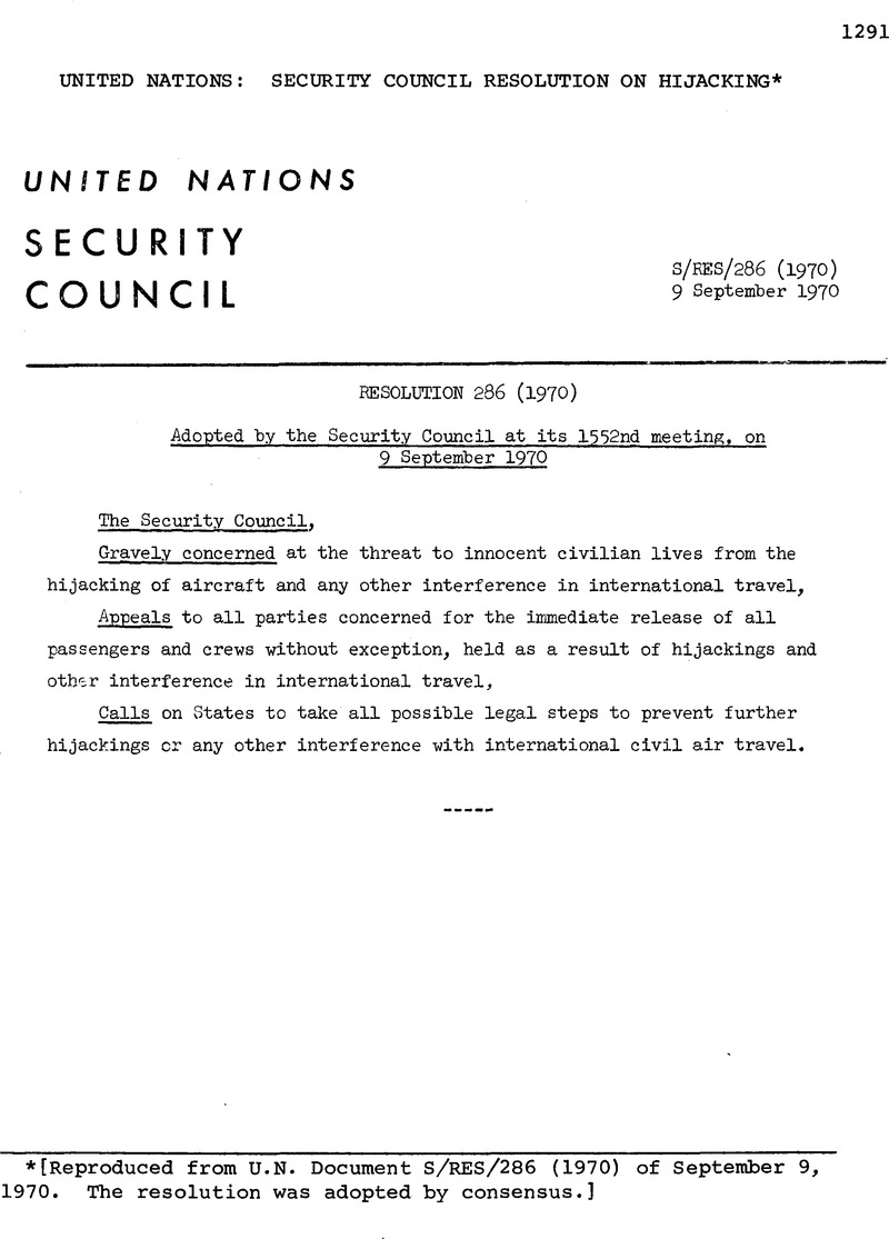 United Nations: Security Council Resolution On Hijacking ...