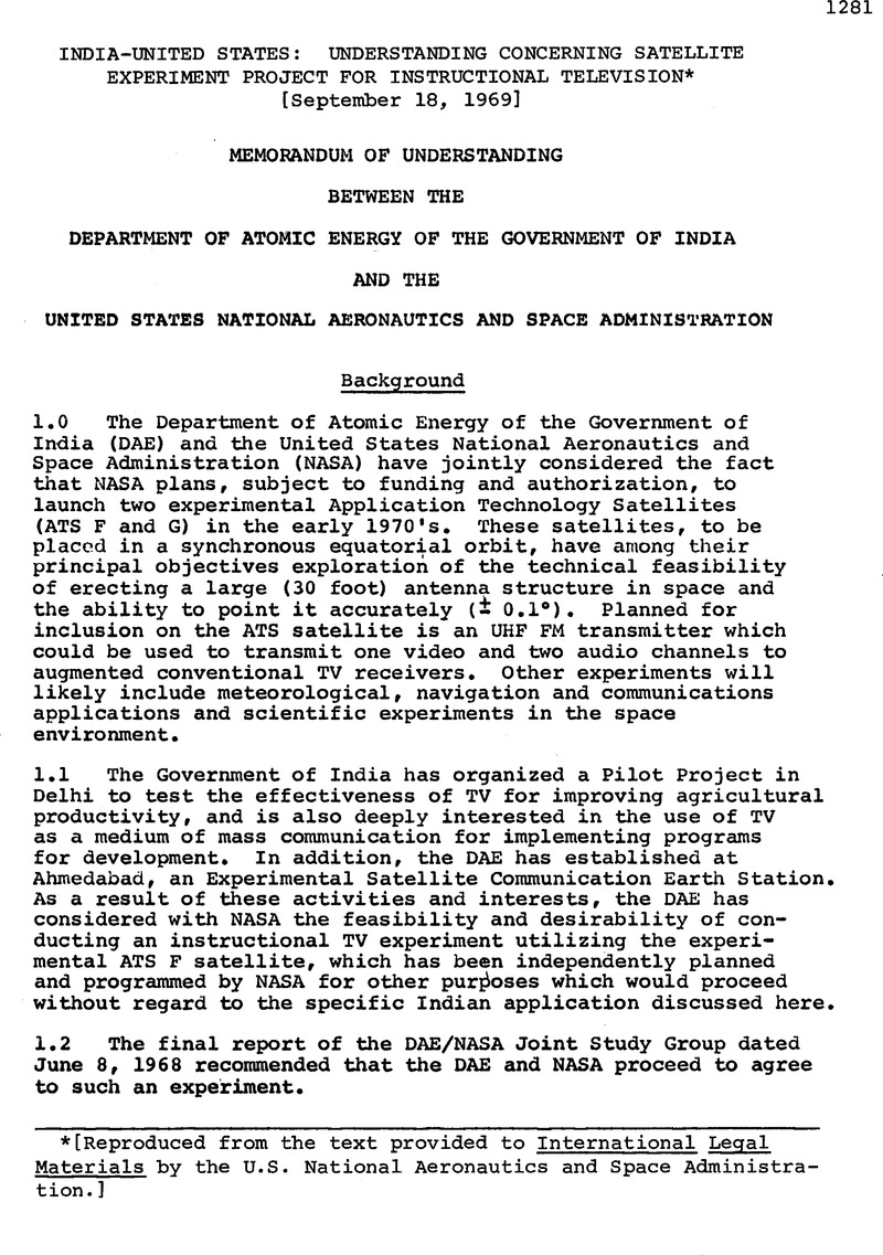 India United States Understanding Concerning Satellite Experiment