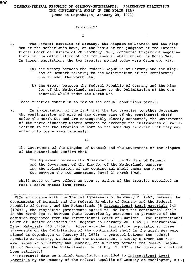 Denmark Federal Republic Of Germany Netherlands Agreements Delimiting The Continental Shelf In 