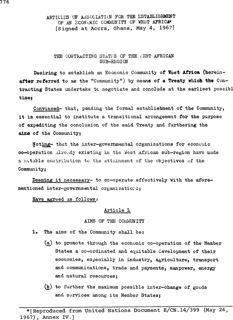 Articles of Association for the Establishment of an Economic Community ...