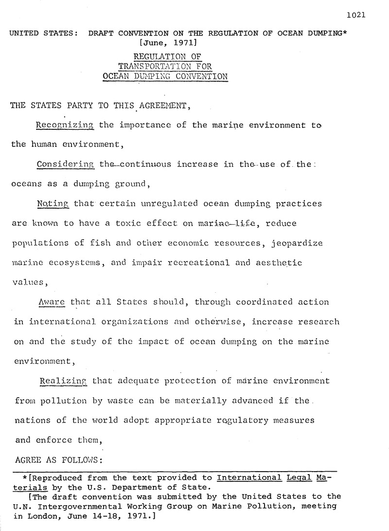 United States Draft Convention on the Regulation of Ocean Dumping