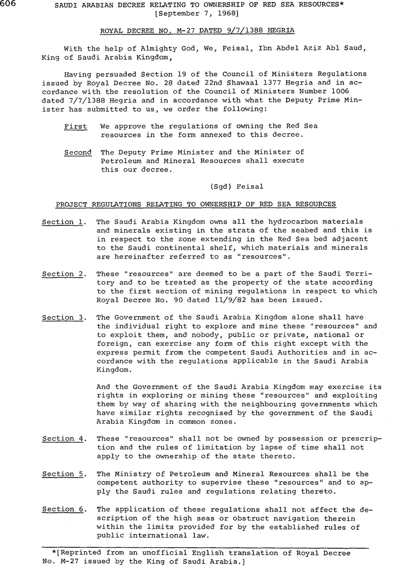 Saudi Arabian Decree Relating To Ownership Of Red Sea Resources ...