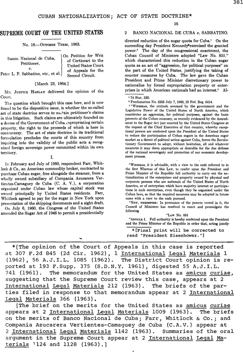 Cuban Nationalization; Act of State Doctrine* International Legal