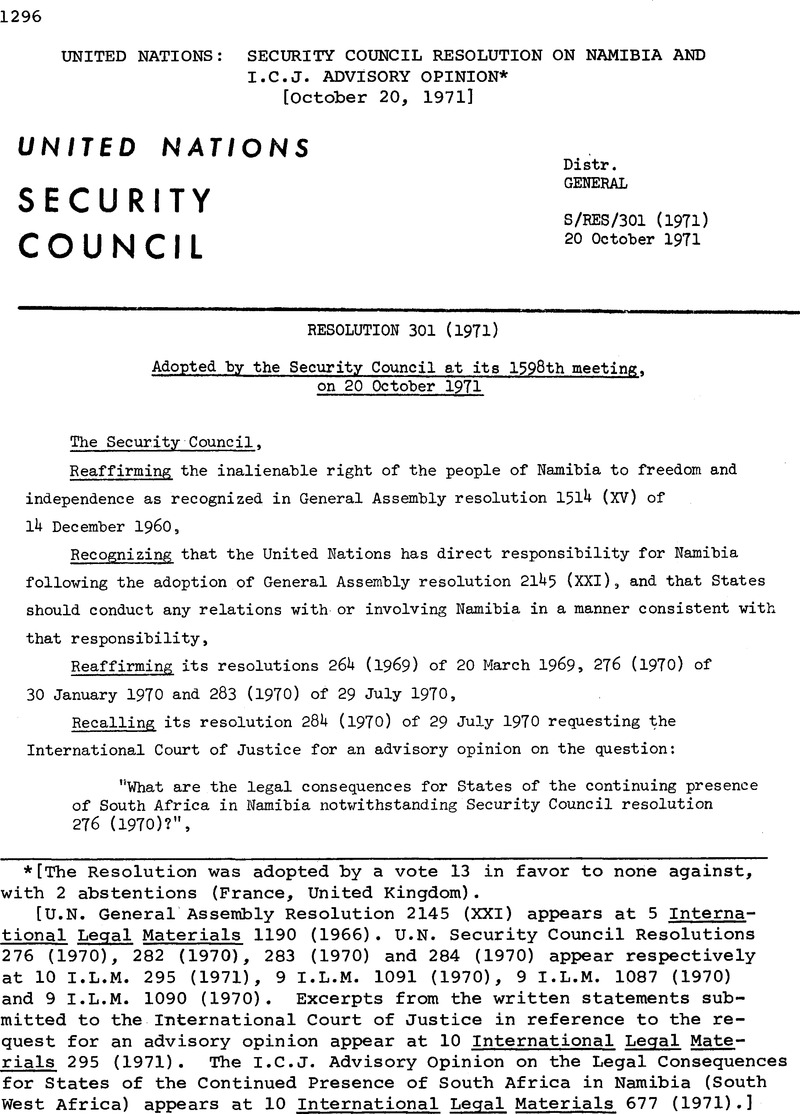 United Nations: Security Council Resolution on Namibia and I.C.J ...