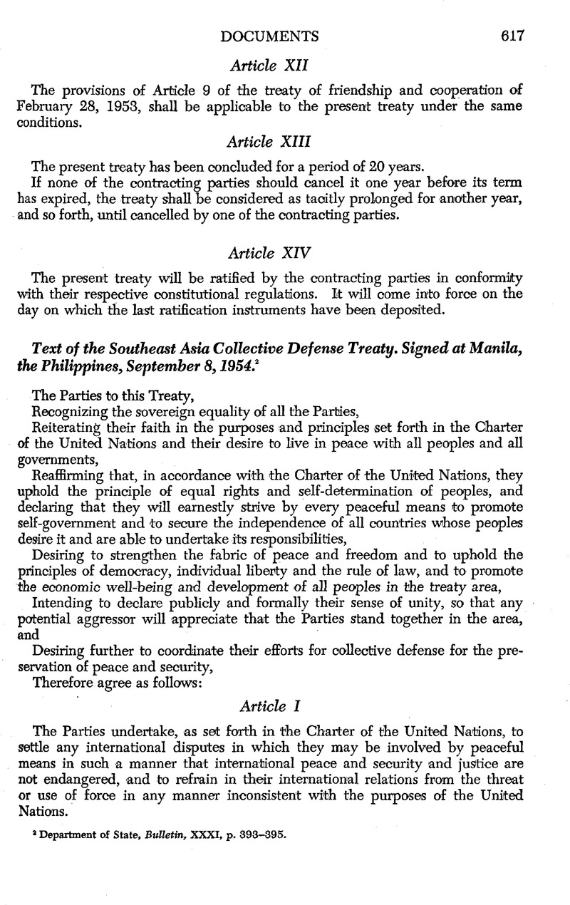 Text of the Southeast Asia Collective Defense Treaty. Signed at Manila ...