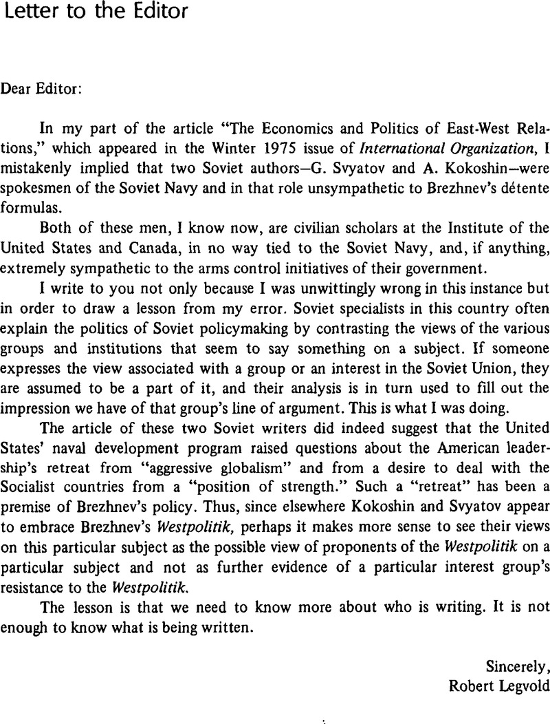 Letter To The Editor International Organization Cambridge Core   FirstPage S0020818300018221a 