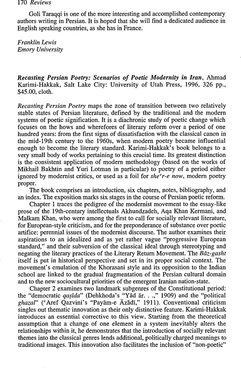 Recasting Persian Poetry Scenarios of Poetic Modernity in Iran, Ahmad