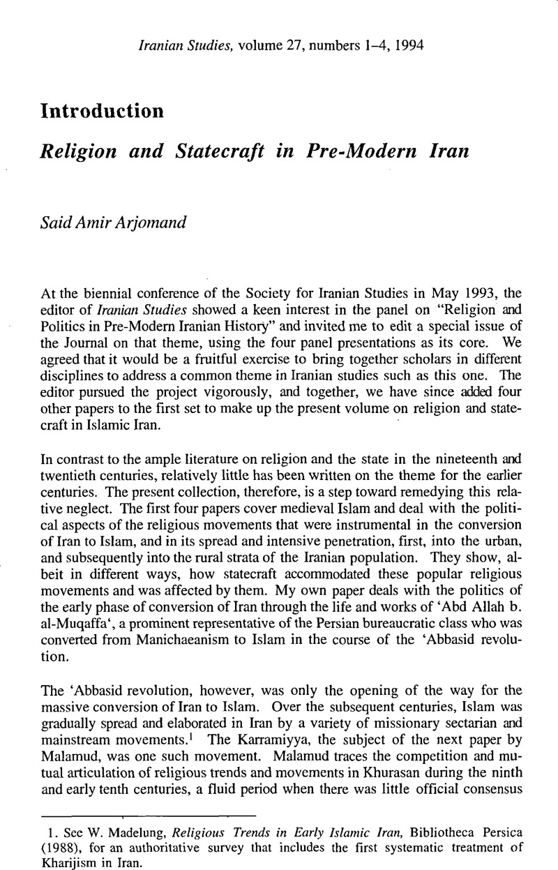 Religion and Statecraft in Pre-Modern Iran | Iranian Studies ...