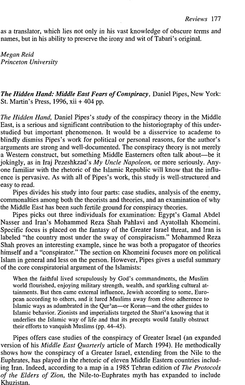The Hidden Hand: Middle East Fears of Conspiracy, Daniel Pipes, New York: St. Martin's Press ...