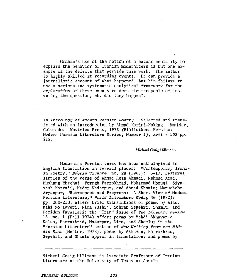 An Anthology of Modern Persian Poetry. Selected and translated with an