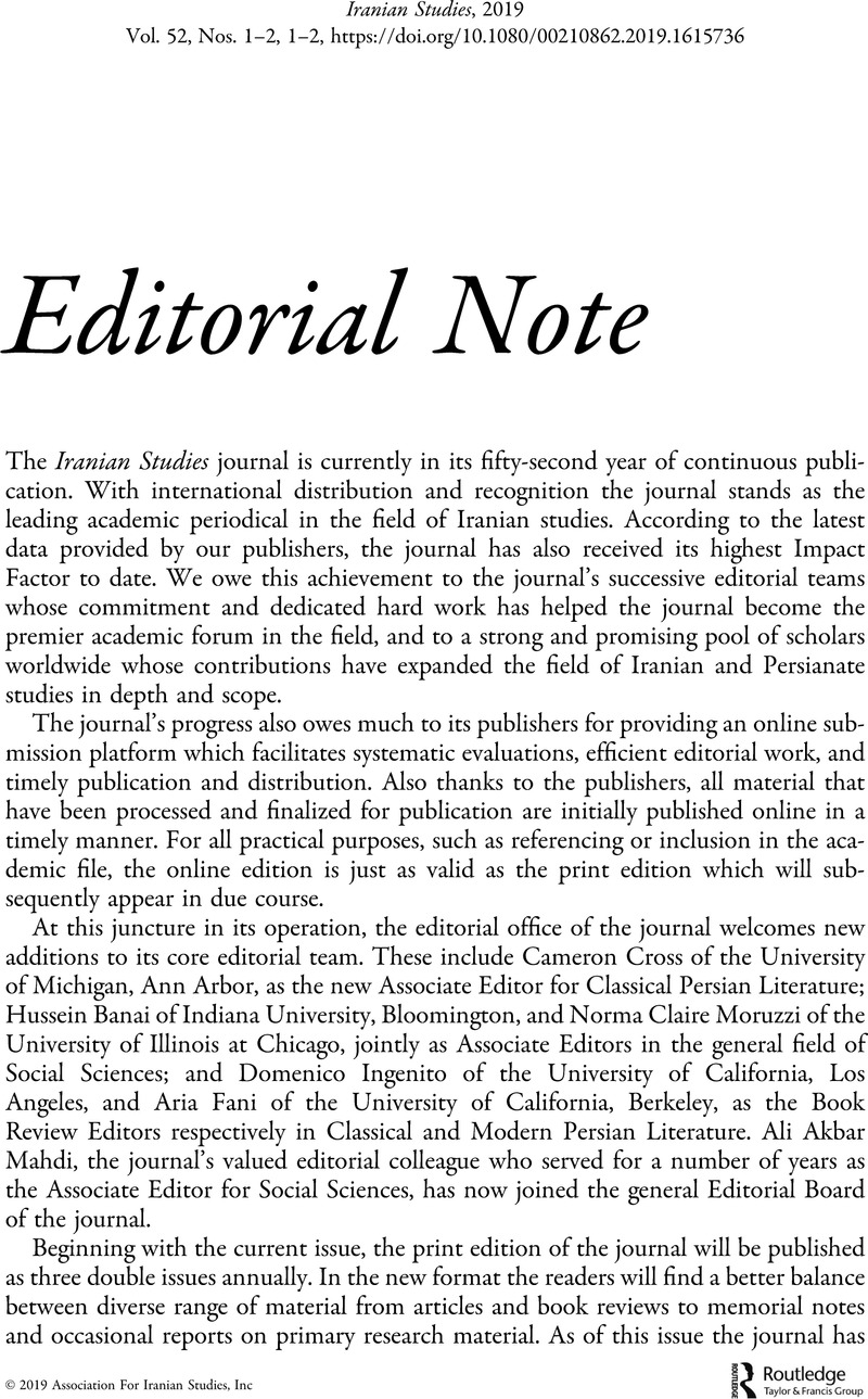 Editorial Note | Iranian Studies | Cambridge Core