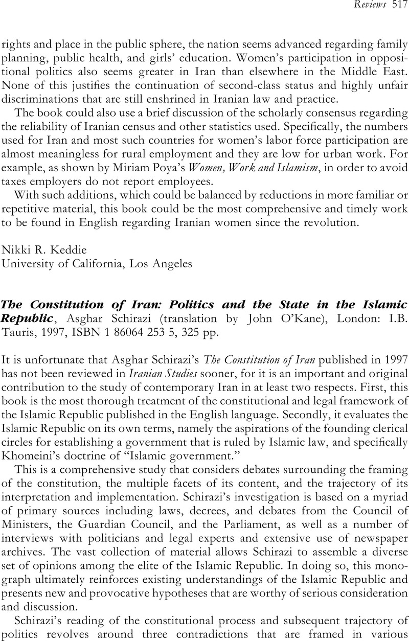 The Constitution of Iran: Politics and the State in the Islamic