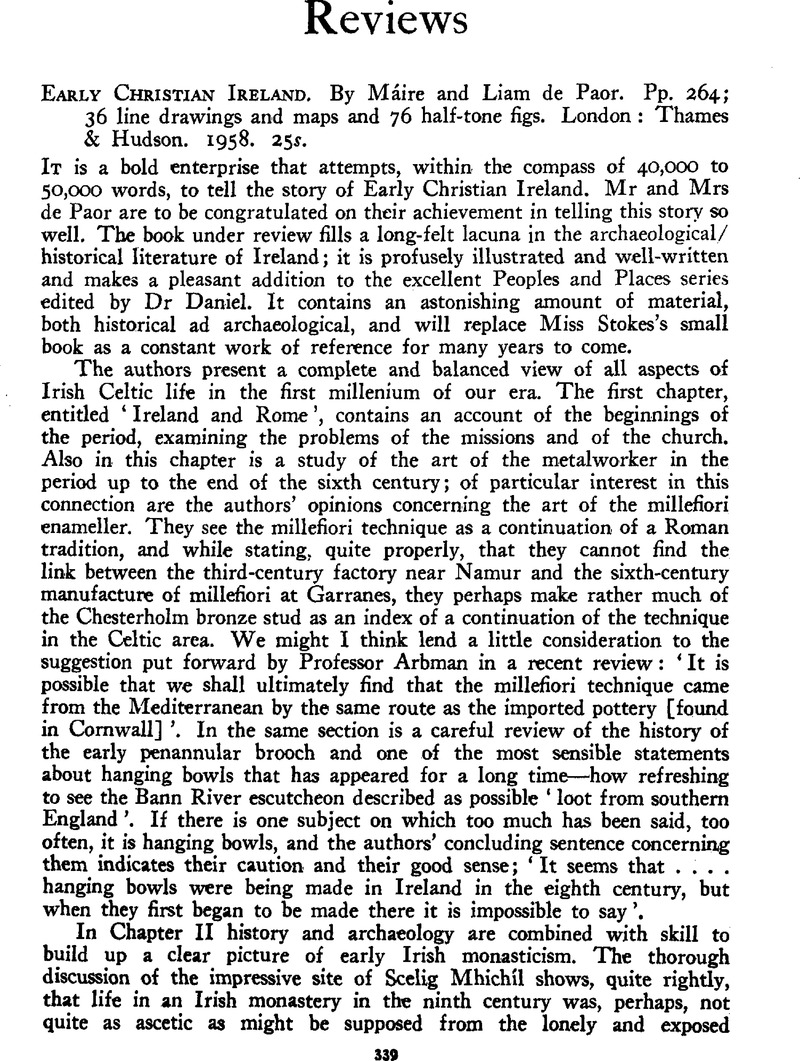 Early Christian Ireland. By Máire and Liam de Paor. Pp. 264; 36 line ...