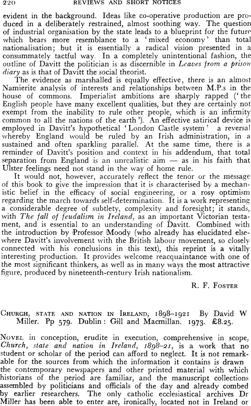 Church, state and nation in Ireland, 1898–1921. By David W Miller. Pp ...