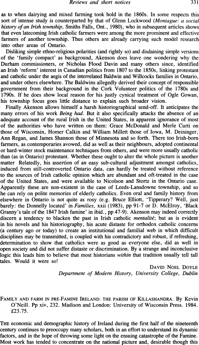 Family and farm in pre-Famine Ireland: the parish of Killashandra. By ...