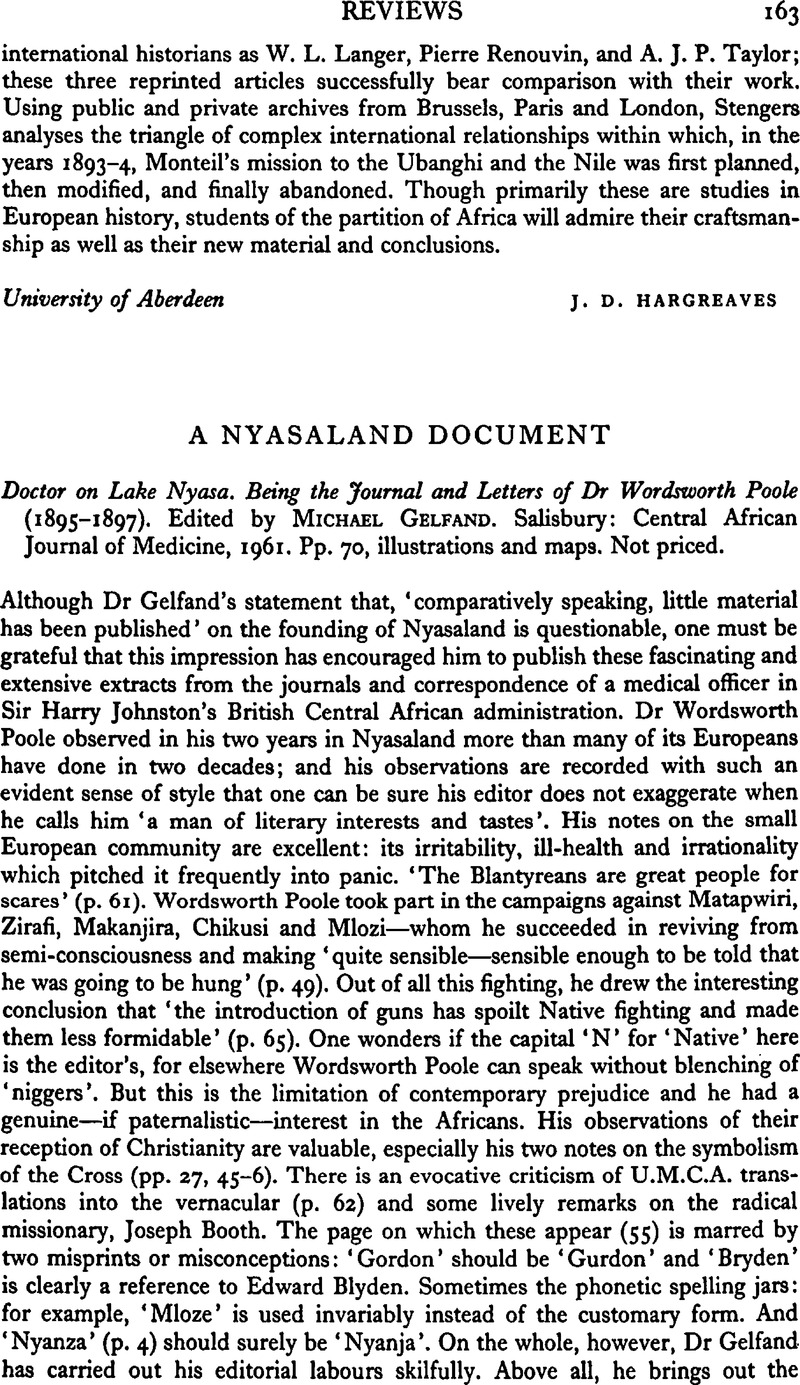 George Shepperson A Nyasaland Document - Doctor on Lake Nyasa. Being the Journal and ...