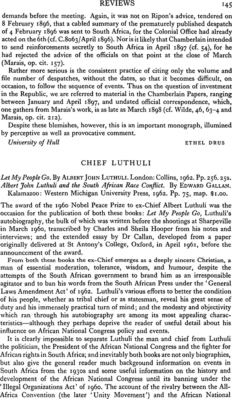 Chief Luthuli Let My People Go By Albert John Luthuli London Collins 1962 Pp 256 25s