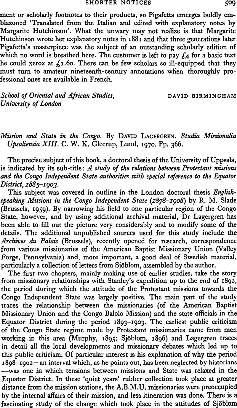 Mission And State In The Congo. By Lagergren David. Studia Missionalia 