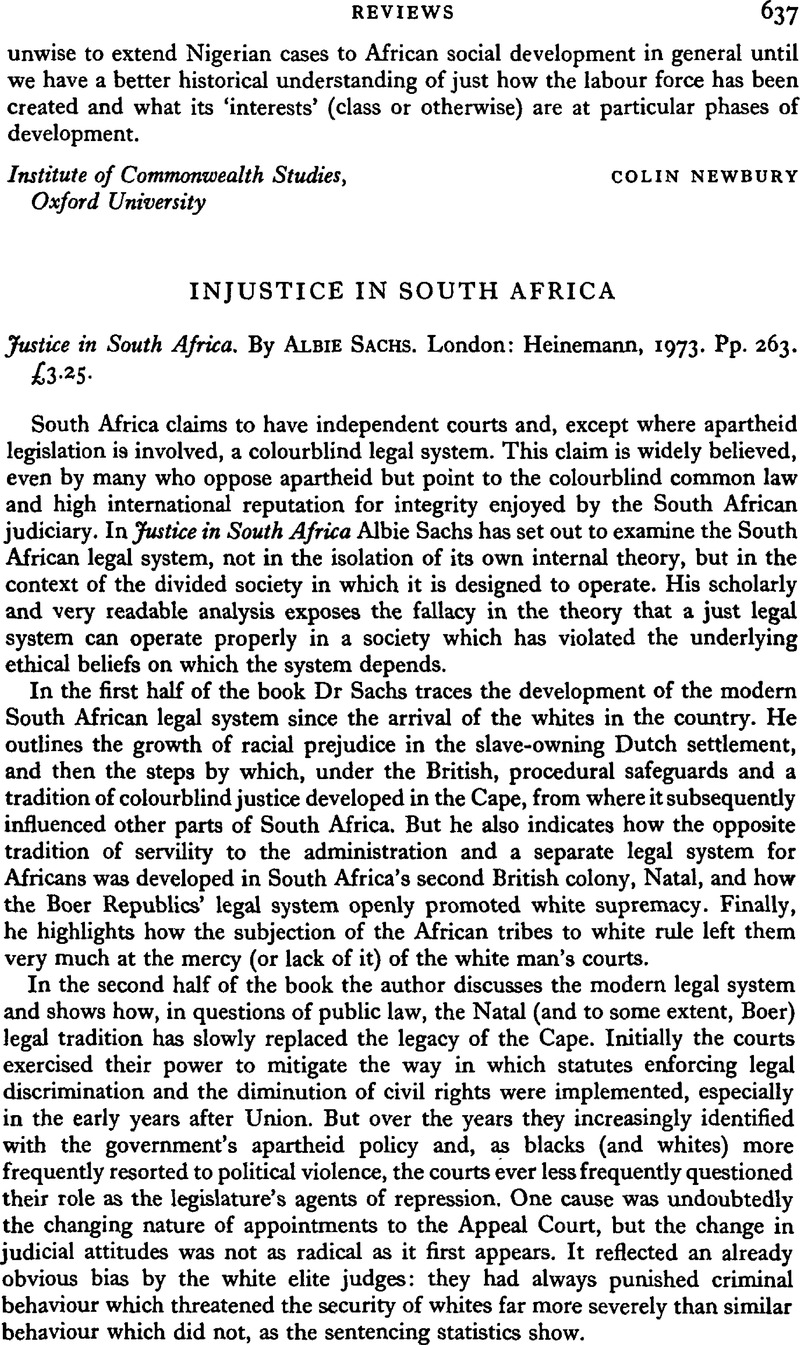 Injustice in South Africa - Justice in South Africa. By Albie Sachs ...