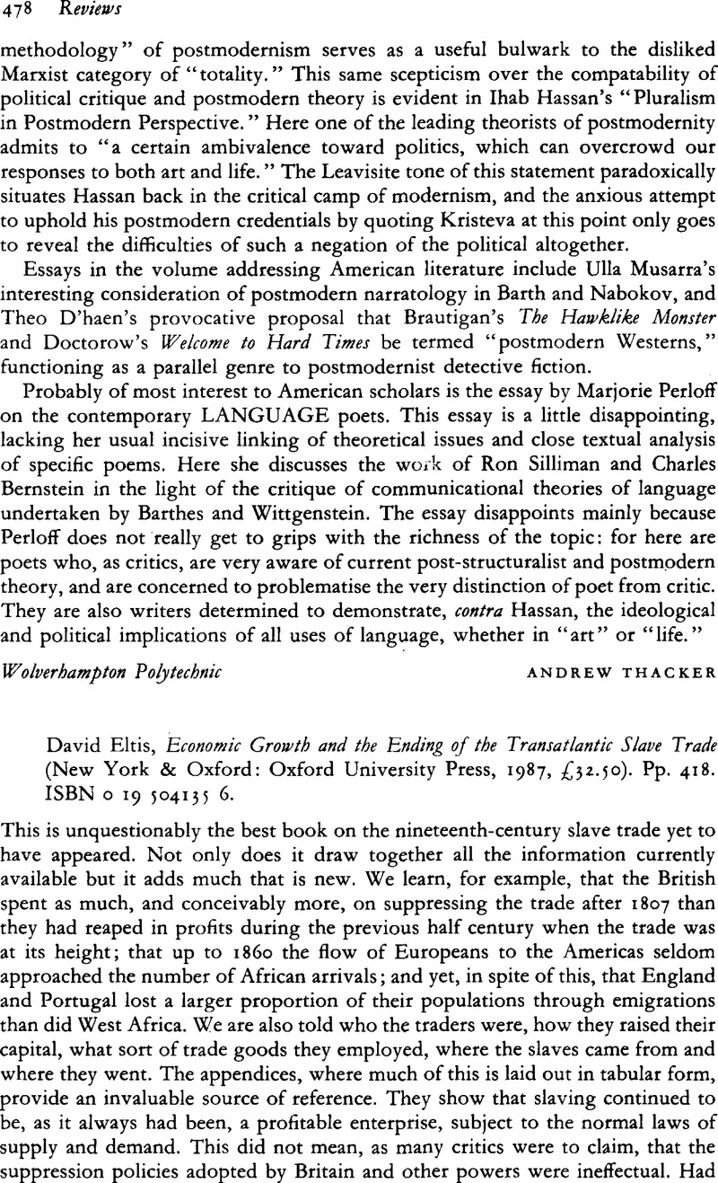 David Eltis, Economic Growth and the Ending of the Transatlantic Slave ...