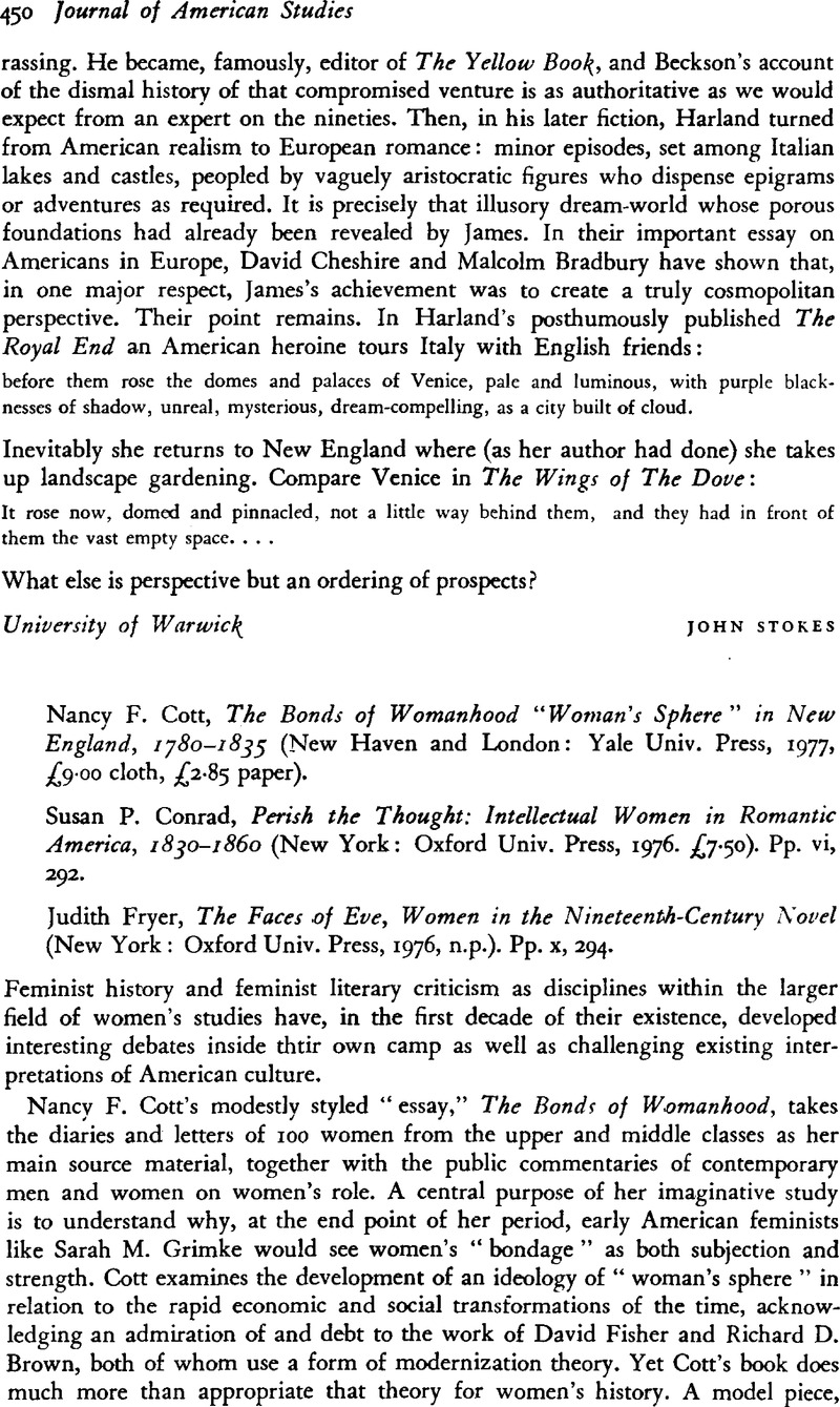 Nancy F. Cott, The Bonds of Womanhood “Woman's Sphere” in New England ...