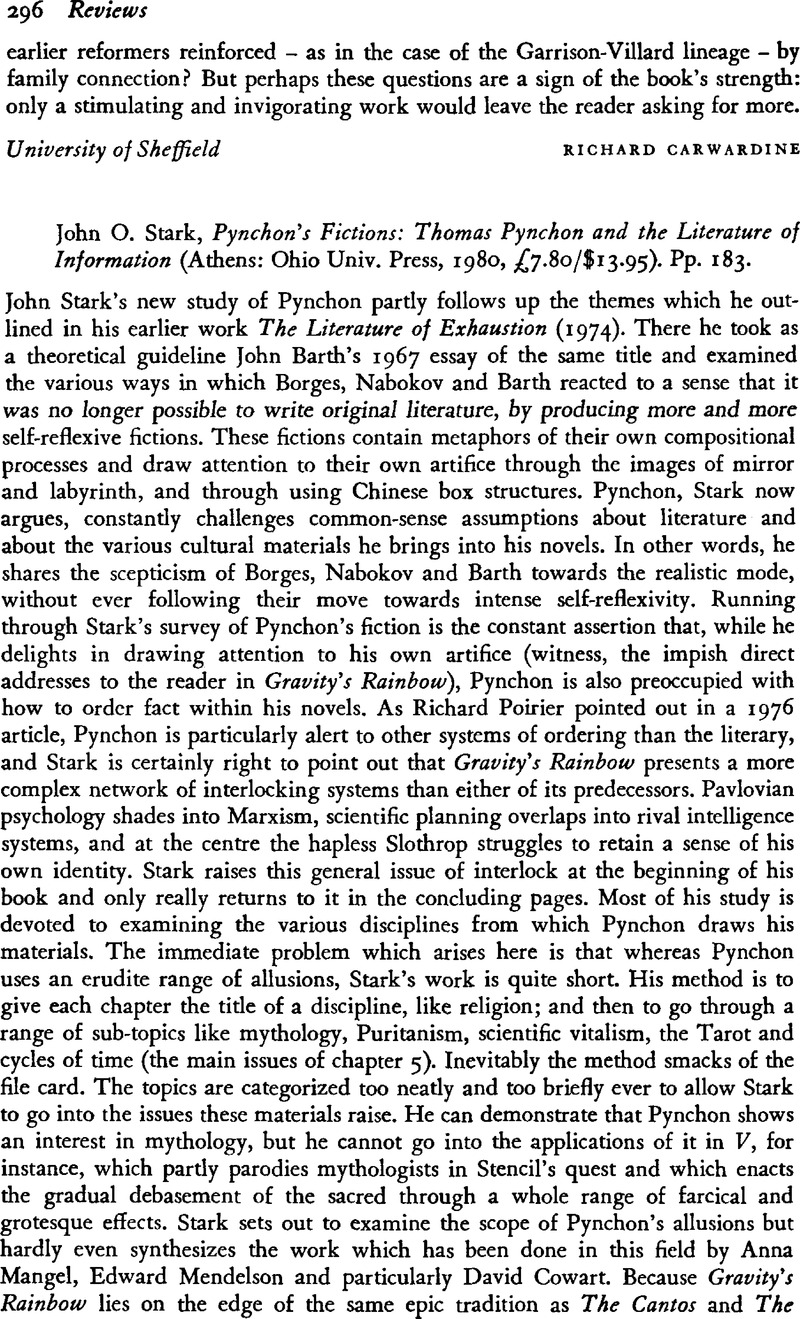 John O. Stark, Pynchon's Fictions: Thomas Pynchon and the Literature of ...