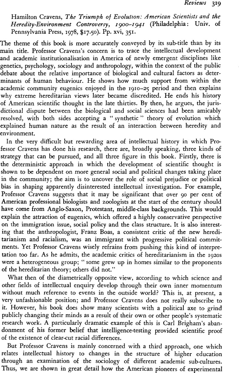 Hamilton Cravens, The Triumph of Evolution: American Scientists and the ...