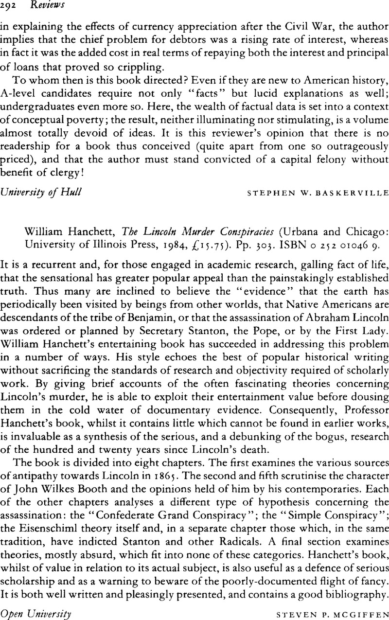 William Hanchett, The Lincoln Murder Conspiracies (Urbana and Chicago ...