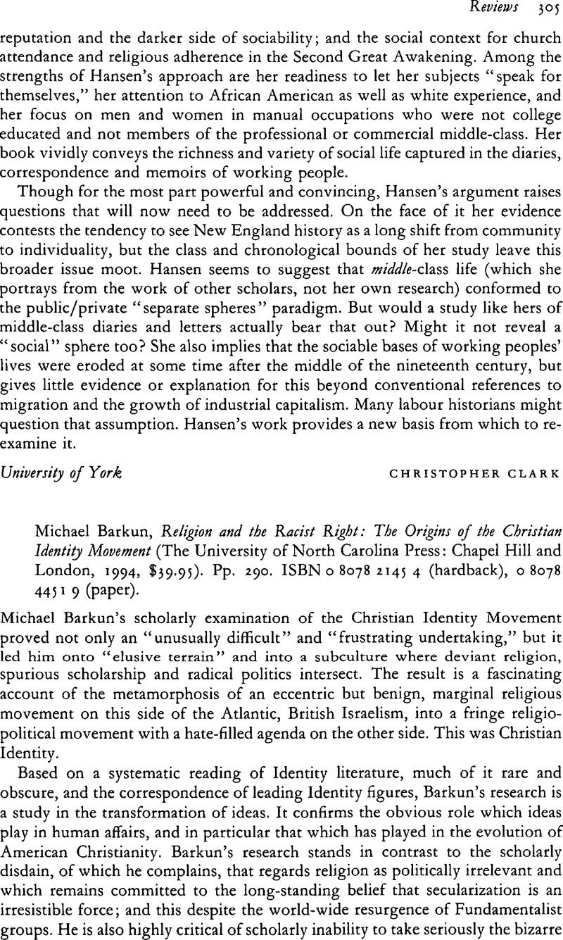 Michael Barkun, Religion and the Racist Right: The Origins of the ...