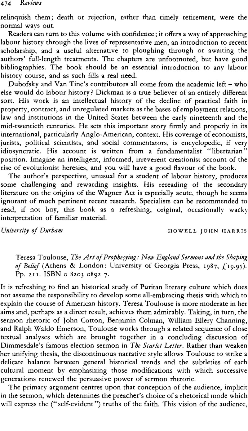 Teresa Toulouse, The Art of Prophesying: New England Sermons and the ...