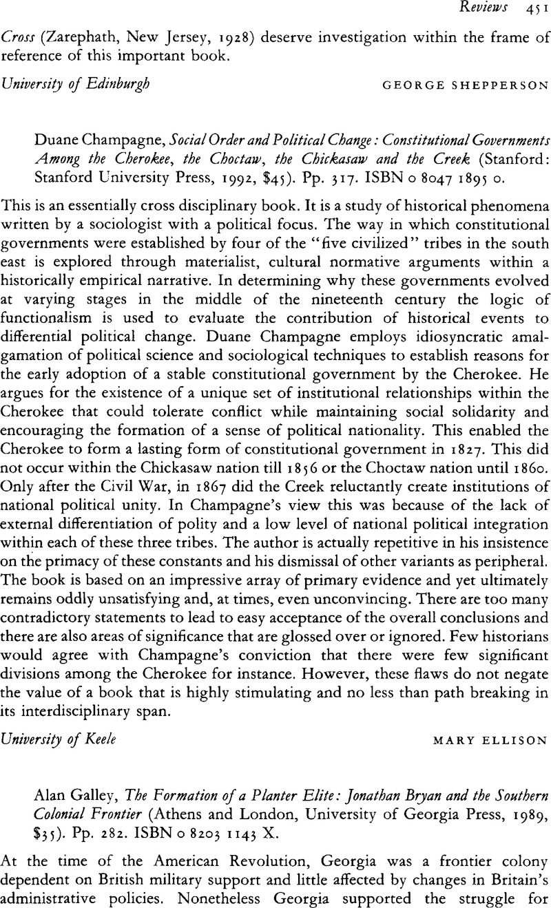 George Shepperson Duane Champagne, Social Order and Political Change: Constitutional ...