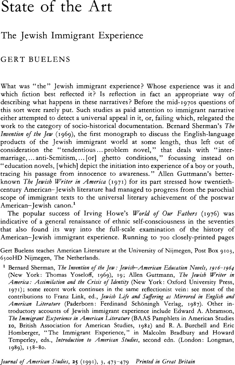 The Jewish Immigrant Experience Journal of American Studies