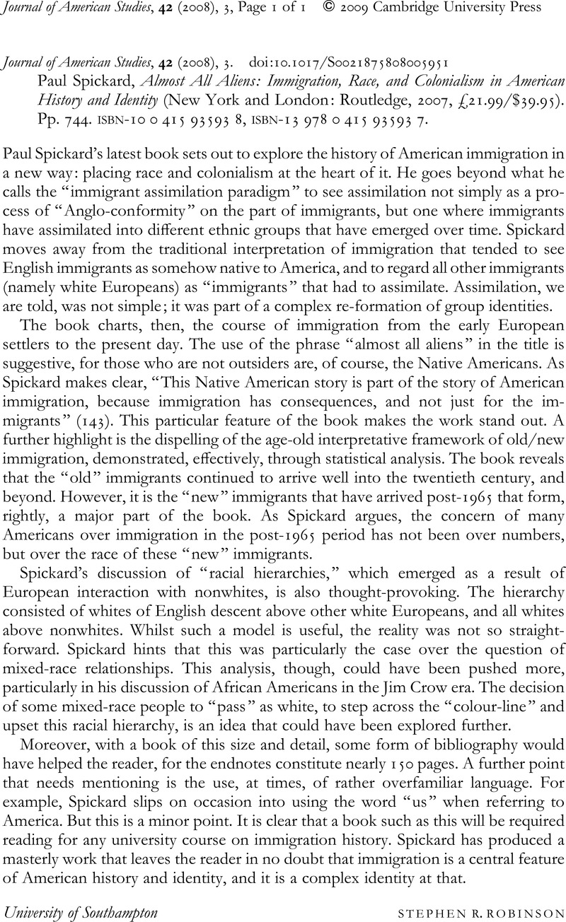 Almost All Aliens: Immigration, Race, and Colonialism in American History and Identity