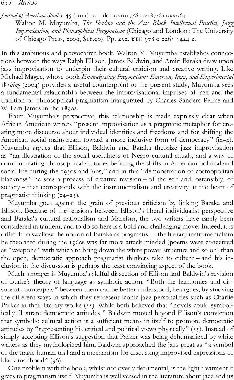 The Shadow and the Act: Black Intellectual Practice, Jazz Improvisation, and Philosophical Pragmatism